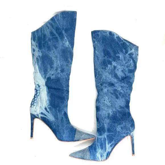 Fashion Nova Rhinestone Denim Knee High Boots Size 10 - Picture 7 of 9